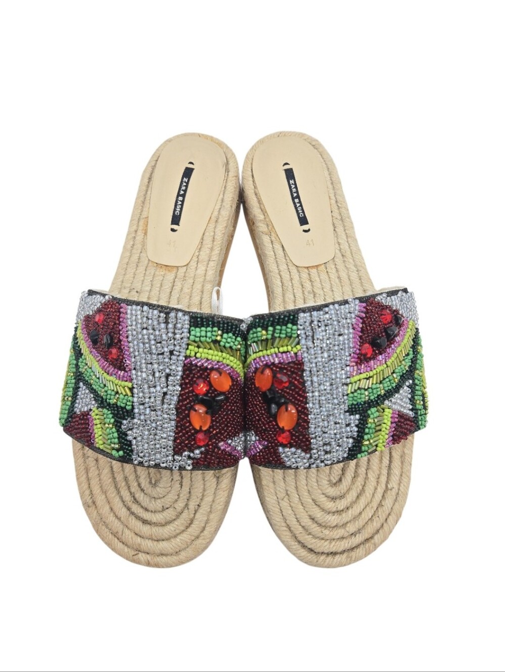 Zara Beaded Multicolor Slide Sandals Espadrille Woven Sole